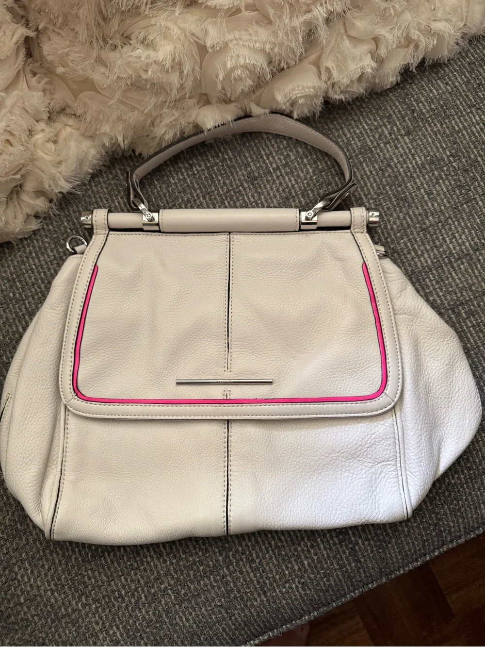 Ivory Pebbled Leather Satchel Shoulder Bag with Pink Trim